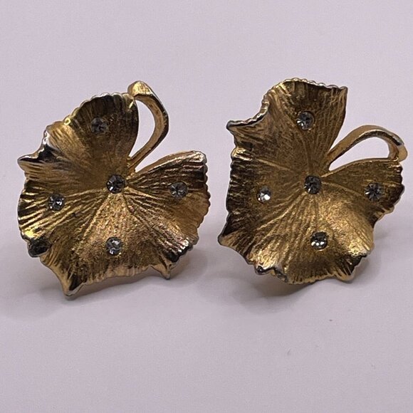 Coro Vintage Gold Tone Leaf Rhinestone Brooch and Screw Back Earring Set AL5.1 - Picture 11 of 16
